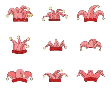 Jester fools hat icons set. Outline illustration of 9 Jester fools hat vector icons thin line color flat on white clipart