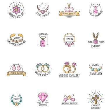 Mücevher logosu, lüks kolye ikonları. 16 mücevher logosu tasviri lüks vektör ikonlarının ince çizgi rengi bembeyaz