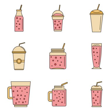 Meyveli meyve suyu ikonu seti. 9 smoothie milkshake meyve suyu vektör simgelerinin ana hatları beyaz üzerine ince çizgi rengi
