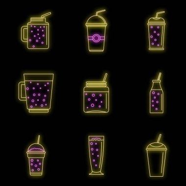 Meyveli meyve suyu ikonu seti. 9 smoothie milkshake meyve suyu vektör simgesi çizimi siyah üzerine neon rengi