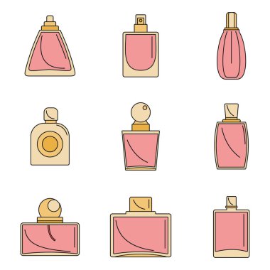 Koku şişeleri parfüm ikonları seti. 9 parfüm şişesinin taslağı aroma aromalı parfüm taşıyıcısı beyaz üzerine ince çizgi rengi