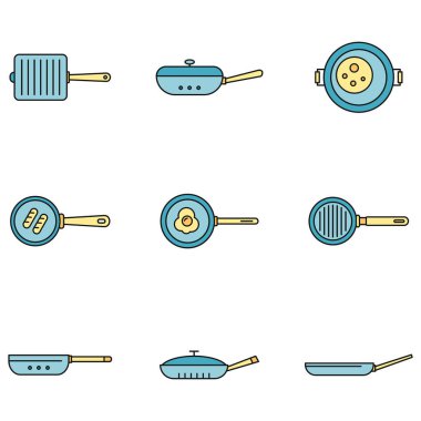Tava simgesi seti. Izgara pan vektör simgelerinin ana hatları beyaz üzerinde ince çizgi rengi düz