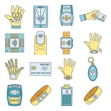 Akıllı NFC teknoloji simgesi seti. Akıllı nfc teknoloji vektör simgelerinin ana hat seti beyaz üzerinde ince çizgi rengi düz