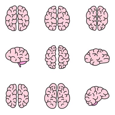 Beyin ikonu ayarlandı. Beyin akıl vektör simgelerinin ana hatları beyaz üzerine ince çizgi rengi düz
