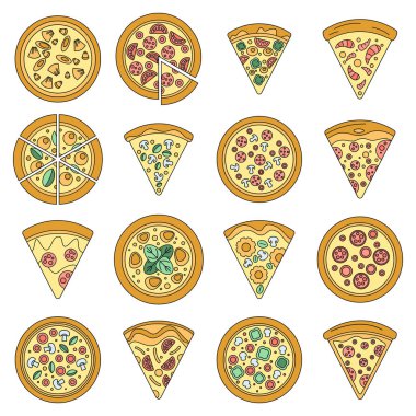 Pizza dilimi seti. Beyaz üzerinde ince çizgi rengi olan pizza dilimi vektör simgelerinin ana hatları