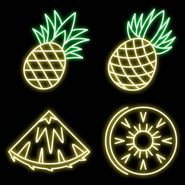 Egzotik ananas ikonları seti. Siyah üzerine neon renkli egzotik ananas vektör simgelerinin ana hatları