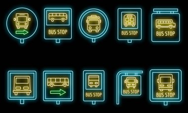 Şehir otobüs durağı simgesi seti. Şehir otobüsü dur işareti vektör simgelerinin ana hatları siyah üzerine neon rengi