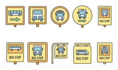 Şehir otobüs durağı simgesi seti. Şehir otobüsü durağı işaret simgeleri ince çizgi rengi düz beyaz üzerine
