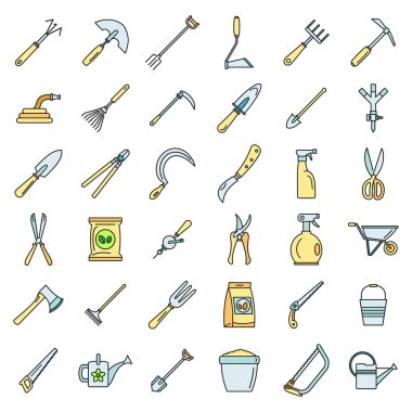 Çiftlik aletleri ikonu seti. Tarım araçlarının dış hat seti vektör simgeleri ince çizgi rengi beyaz üzerinde düz