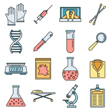 DNA araştırma laboratuarı ikonları ayarlandı. DNA araştırma laboratuvar vektör simgelerinin ana hatları beyaz üzerine ince çizgi rengi düz