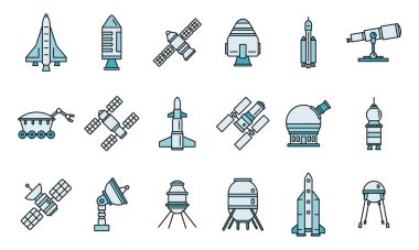Gezegen uzay araştırma teknolojisi simgeleri ayarlandı. Gezegen uzay araştırma teknolojisi vektör simgeleri beyaz üzerinde ince çizgi rengi düz