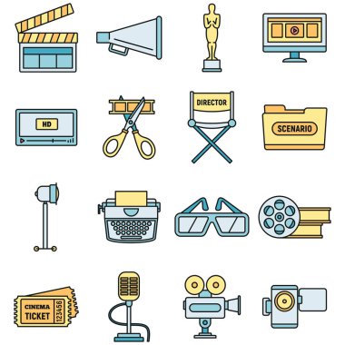 Modern film yapım ikonları hazır. Modern film yapım vektör simgelerinin ana hatları beyaz üzerine ince çizgi rengi düz