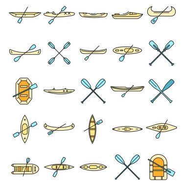 Kano ikonları dizildi. Ekstrem kano vektör simgeleri dizisi beyaz üzerinde ince çizgi rengi düz