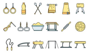 Modern jimnastik malzemeleri seti. Modern jimnastik ekipmanlarının ana hatları vektör simgeleri ince çizgi rengi beyazı düz