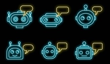 Chatbot ai simgeleri ayarlandı. Sohbet robotu ai vektör simgelerinin ana hatları siyah üzerine neon rengi