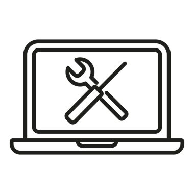 Servis dizüstü bilgisayarı hata simgesi ana hatları vektörü. Gadget verileri. Dijital bilgisayarı onar