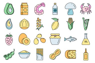 Biyolojik ürün alerjisi ikonları ayarlandı. Biyolojik ürün alerji vektör simgelerinin ana hatları beyaz üzerine ince çizgi rengi düz