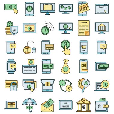 Taşınabilir internet bankacılık simgeleri ayarlandı. Taşınabilir internet bankacılığı vektör simgelerinin ana hatları beyaz üzerine ince çizgi rengi düz