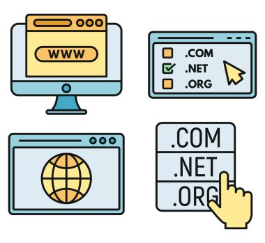 Web alan adı simgeleri ayarlandı. Beyaz üzerinde ince çizgi rengi olan web alan adı vektör simgelerinin ana hatları