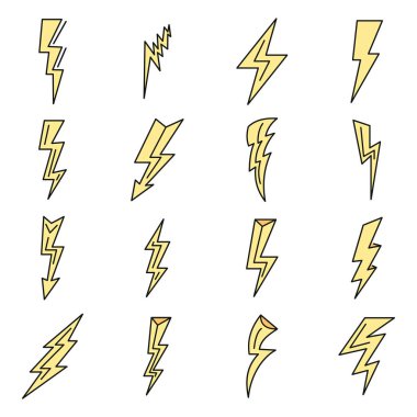 Şimşek güç simgeleri ayarlandı. Yıldırım gücü vektör simgelerinin ana hatları beyaz üzerine ince çizgi rengi düz