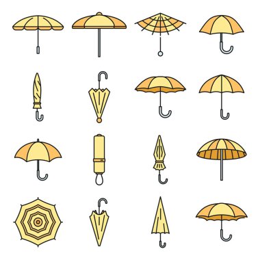 Rain umbrella icons set. Outline set of rain umbrella vector icons thin line color flat on white clipart