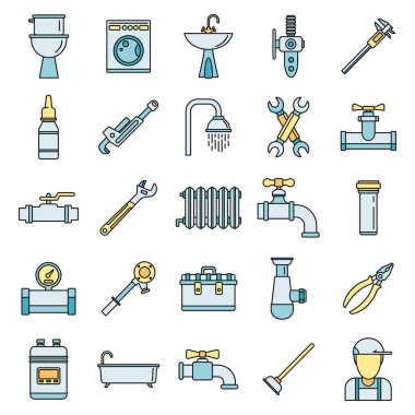 Tesisat tamir ikonları kuruldu. Tesisat onarım vektör simgelerinin ana hatları beyaz üzerine ince çizgi rengi düz