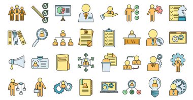 Yönetici simgeleri ayarlandı. Beyaz üzerinde ince çizgi rengi olan yönetici vektör simgelerinin ana hatları