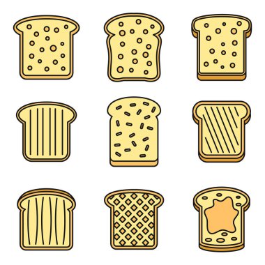Tost tereyağı ikonları hazır. Tost yağı vektör simgelerinin ana hatları beyaz üzerine ince çizgi rengi