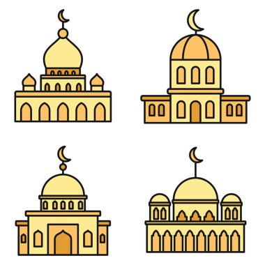 Cami binası ikonları kuruldu. Cami inşa etme vektör simgelerinin ana hatları beyaz üzerine ince çizgi rengi düz