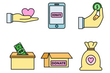 Bağış simgeleri ayarlandı. Ana hatları hayır kurumları bağış vektör simgeleri ince çizgi beyaz üzerine düz