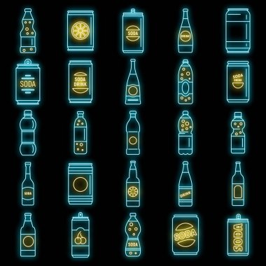 Soğuk soda ikonları hazır. Soğuk soda vektör simgelerinin ana hatları siyah üzerine neon rengi