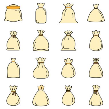 Çanta simgeleri ayarlandı. Beyaz üzerinde ince çizgi rengi olan torba vektör simgelerinin ana hatları