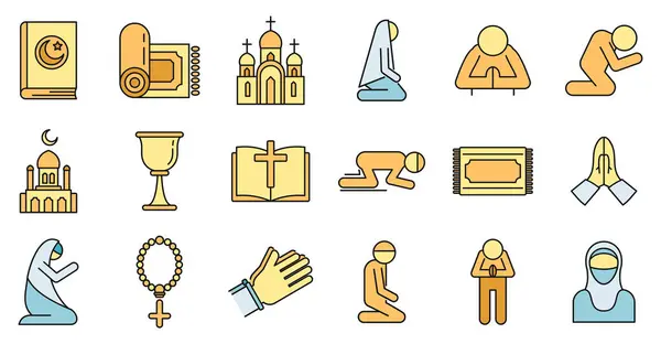 Religion prayer icons set. Outline set of religion prayer vector icons thin line color flat on white