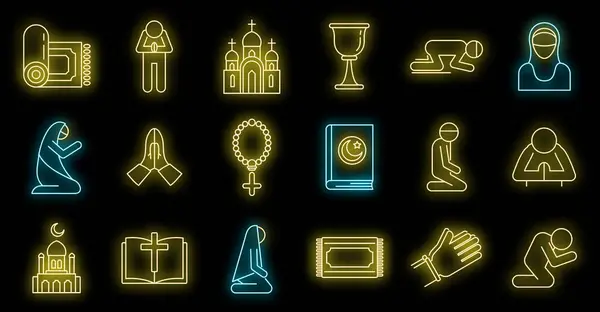 Religion prayer icons set. Outline set of religion prayer vector icons neon color on black