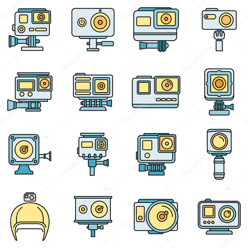 Digital action camera icons set. Outline set of digital action camera vector icons thin line color flat on white
