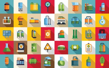 Biyolojik istasyon simgeleri düz vektör ayarladı. Biyogaz döngüsü. Enerji israfı