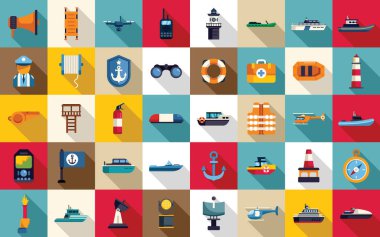 Coast guard icons set flat vector. Sea ship coast. Guard radio clipart