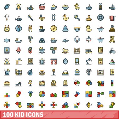 100 çocuk ikonu hazır. Çocuk vektör simgelerinin renk çizgisi beyaz üzerine ince çizgi rengi