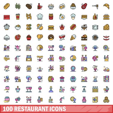 100 restoran ikonu hazır. Restoran vektör simgelerinin renk çizgisi beyaz üzerine ince çizgi rengi
