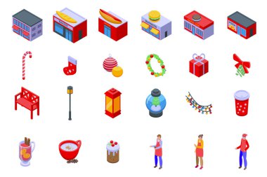 Noel ikonlarındaki sokak kafesi izometrik vektör belirledi. Sokak şehri. Kahve bahçesi.