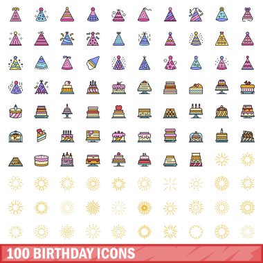 100 doğum günü ikonu. Doğumgünü vektörü simgelerinin renk çizgisi beyaz üzerine ince çizgi rengi