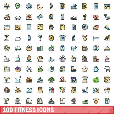 100 fitness ikonu ayarlandı. Zindelik vektörü simgelerinin renk çizgisi beyaz üzerine ince çizgi rengi