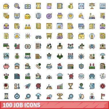100 iş simgesi ayarlandı. İş vektörü simgelerinin renk çizgisi beyaz üzerine ince çizgi rengi düz