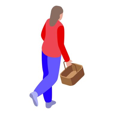 Sepet ikonu olan kadın izometrik vektör. Mutlu bir kadın. Mantar toplayan kadın