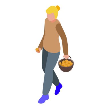 Sarı mantarlı kadın ikon izometrik vektör. Güzel aktivite. Güzel kahverengi ceket