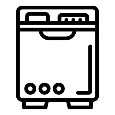 Bulaşık makinesinin zaman tasarrufu simgesi ana hat vektörü. Bulaşık deterjanı otomatik işlem. Sabun temizleme maddesi.