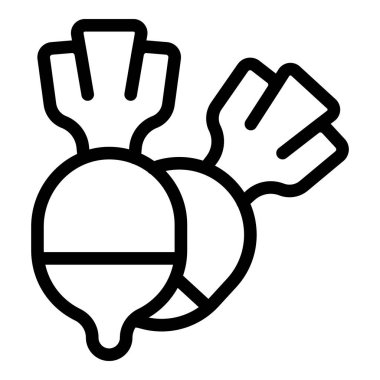 Topraksı turp ikonu ana hatları vektörü. Garnitür yaz sebzesi. Salata organik yemek.