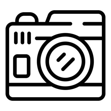 Profesyonel fotoğraf makinesi ikonu ana hatlı vektör. Görüntü aygıtını yakala. Paparazziler kamera çekiyor.