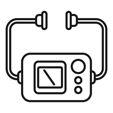 İlk yardım seti defibrilatör ikon ana hatları vektörü. Tıbbi bakım. Kalp krizi geçiren biri.