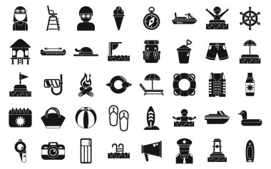 Yüzme kampı simgeleri basit bir vektör belirler. Su plajı havuzu. Yüzen çocuk parkı